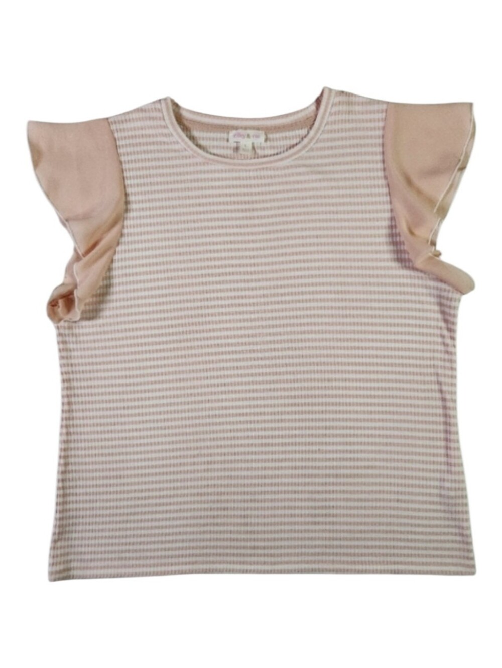 Riley & Rae Striped Ruffle Sleeve Top Pink White Ribbed Knit Large Summer